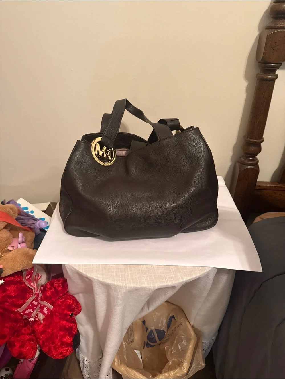 Michael Kors Dark Brown Pebbled Leather Tote with Gold MK Charm
